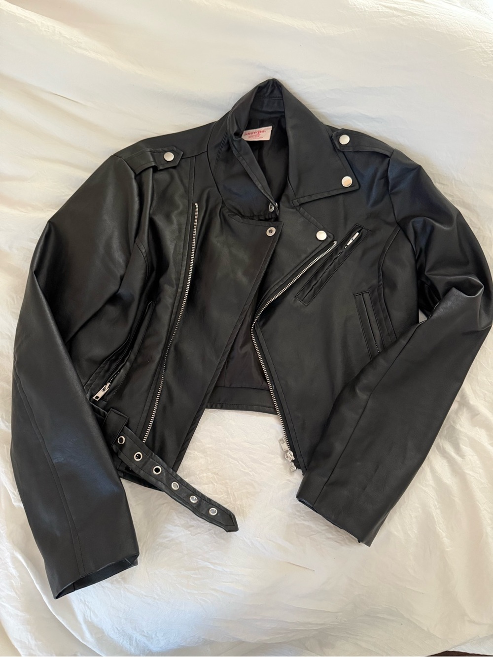 Showpo Black Faux Leather Cropped Biker Jacket with Belt